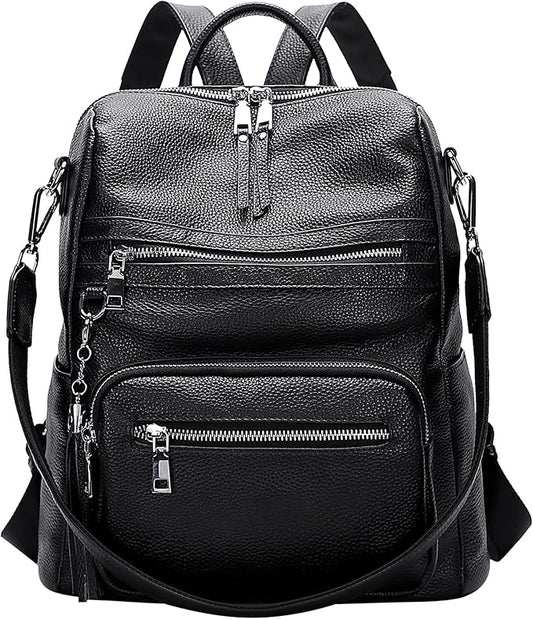 ALTOSY Genuine Leather Backpack Purse for Women Large Shoulder Bag With Laptop Compartment Multiple Pockets(S106 Black)