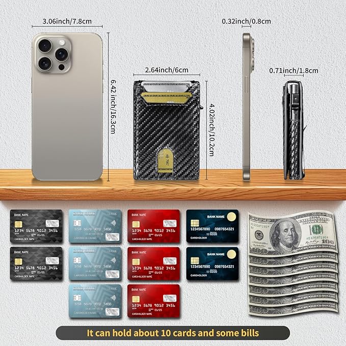 Wallet for Men, RFID Blocking Pop Up Wallet, Bifold Slim Minimalist Credit Card Holder for 9-14 Cards, Front Pocket Aluminum Card Case with ID Window, Money Clip, Gifts for Men