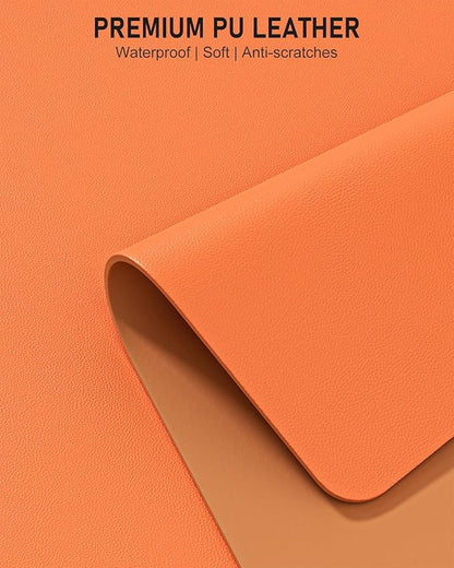Desk Pad, 23.6" x 13.8" PU Leather Non-Slip Desk Mat Large Mouse Pad for Desktop, Waterproof Laptop Computer Writing Mat for Office, Home, Work, Gaming, Orange