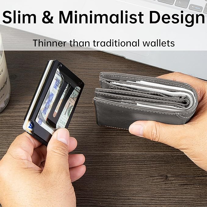 Minimalist Carbon Fiber Wallet for Men, Money Clip Cash Strap Wallet, RFID Blocking Metal Wallet Aluminum Card Holder,Front Pocket Wallet(Matte Black)