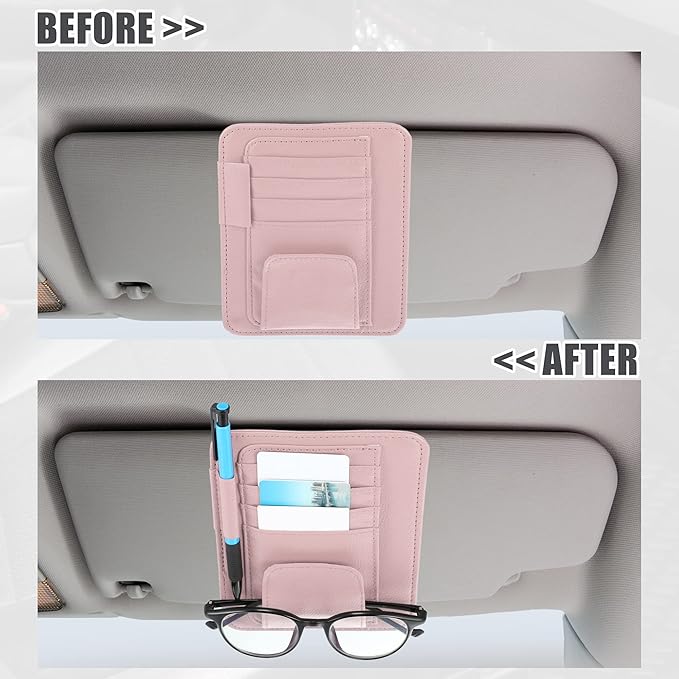 X AUTOHAUX PU Leather Car Sun Visor Organizer Glasses Holder Card Holder Auto Accessories Pocket Organizer Pink