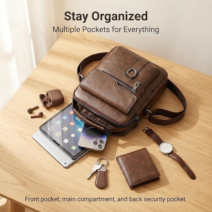 Men's Leather Crossbody Bag, Casual leather Bag for Men, Crossbody Bag Office Business,Handbag Purse Zipper