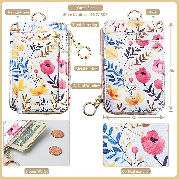 2-in-1 ID Badge Holder & Lanyard Wallet Floral Lanyard with ID Holder Teacher Nurses Woker Cute Lanyards for Name Tag Badge ID Card Holders with Removable Wristlet & Neck Lanyard Zipper Coin Pouch