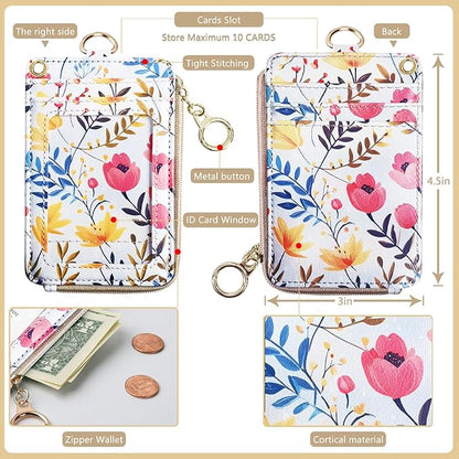 2-in-1 ID Badge Holder & Lanyard Wallet Floral Lanyard with ID Holder Teacher Nurses Woker Cute Lanyards for Name Tag Badge ID Card Holders with Removable Wristlet & Neck Lanyard Zipper Coin Pouch
