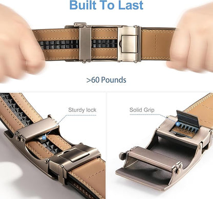 Men's Leather Ratchet Belt, 1-3/8" Wide, Auto Buckle, Trim-to-Fit, No Holes, Casual & Dress, Gift Box