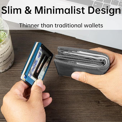 Minimalist Carbon Fiber Wallet for Men, Money Clip Cash Strap Wallet, RFID Blocking Metal Wallet Aluminum Card Holder,Front Pocket Wallet(Matte Blue)