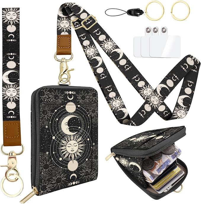PU Leather Lanyard Wallet with ID Badge Holder with 1 Zip Pocket and 3 Card Slots Keychain Phone Lanyard Wrist Strap, RFID Blocking, for Office School Business-Sun and Moon