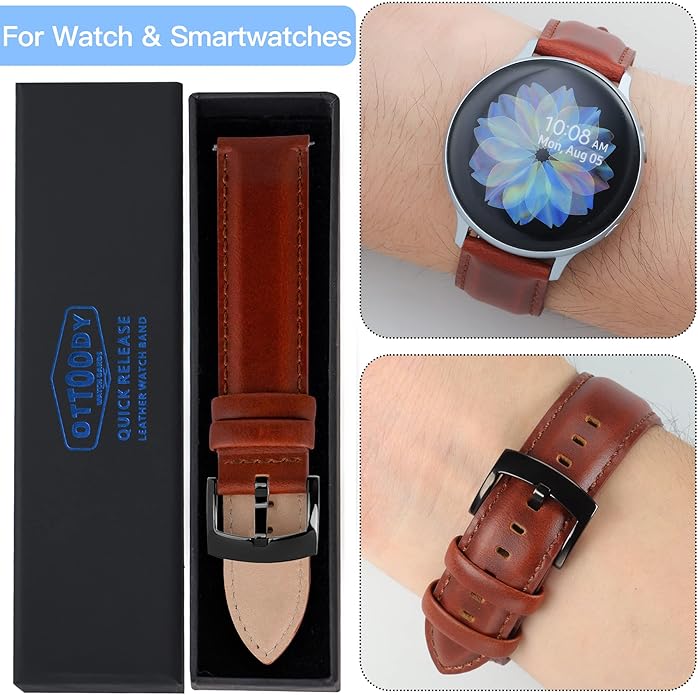 OTTOODY Leather Watch Bands Quick Release, Elegant Top Grain Leather Watch Straps for Men & Women, Choice of Color & Width - 18mm, 19mm, 20mm, 21mm or 22mm Wristbands Bracelet for Watch & Smartwatch
