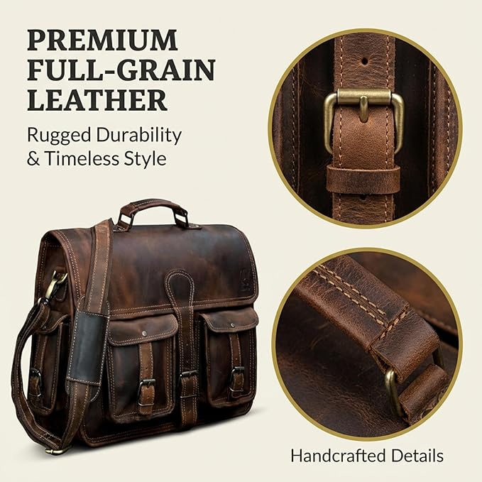 cuero Leather Messenger Bag for Men, 16 Inch Laptop Crossbody, Vintage Handmade Leather Shoulder Satchel Bag for Men, Full Grain Business Briefcase for Office/Work/Travel - Brown