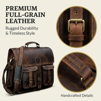 cuero Leather Messenger Bag for Men, 16 Inch Laptop Crossbody, Vintage Handmade Leather Shoulder Satchel Bag for Men, Full Grain Business Briefcase for Office/Work/Travel - Brown