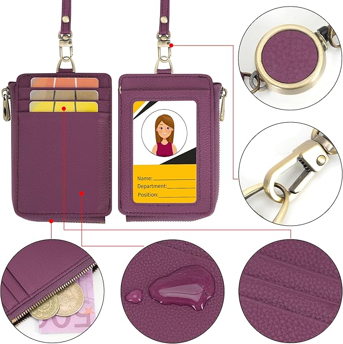 Wason Badge Holder Card Wallet Real Leather with Zipper, Detachable Neck Lanyard, Hand Strap, Retractable Badge Reel, Multi Purpose Case for ID Permit Badge Coin Key Driver's License (Purple)