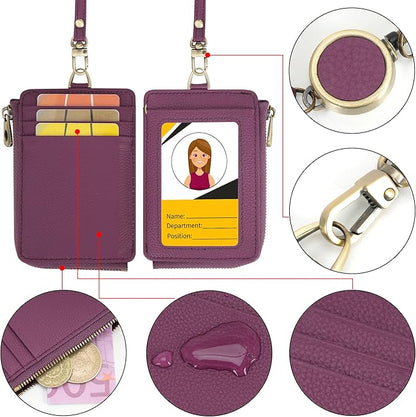 Wason Badge Holder Card Wallet Real Leather with Zipper, Detachable Neck Lanyard, Hand Strap, Retractable Badge Reel, Multi Purpose Case for ID Permit Badge Coin Key Driver's License (Purple)