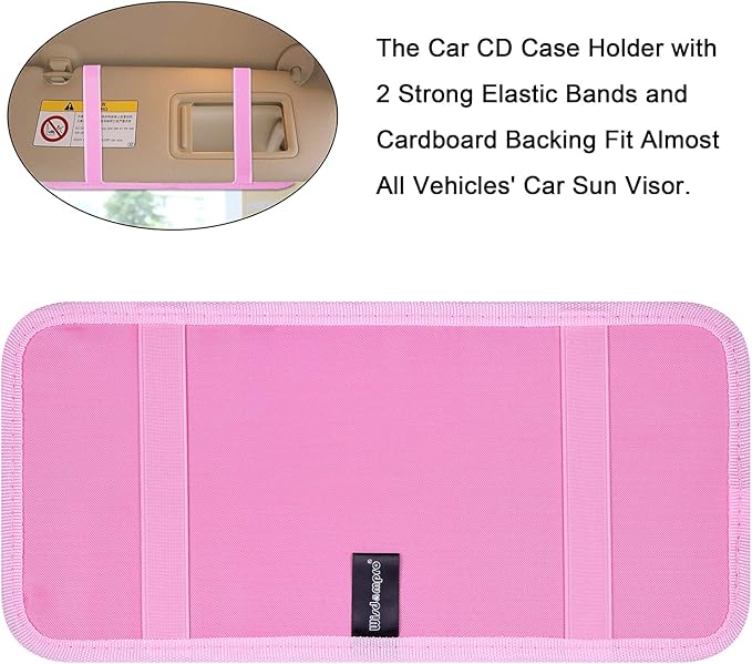Car CD Case Holder, Wisdompro Vehicle Sun Visor Organizer for Cars with 12 DVD Storage Sleeves, 1 Mesh Pocket, 1 Pen Holder and Elastic Strap, Pink