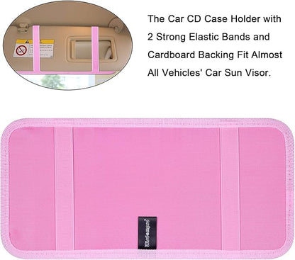Car CD Case Holder, Wisdompro Vehicle Sun Visor Organizer for Cars with 12 DVD Storage Sleeves, 1 Mesh Pocket, 1 Pen Holder and Elastic Strap, Pink