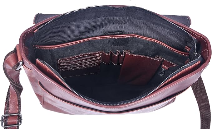 16" Crossbody Bag Leather Laptop Messenger Bag For Men with trolley sleeve for school office (Dark Brown)