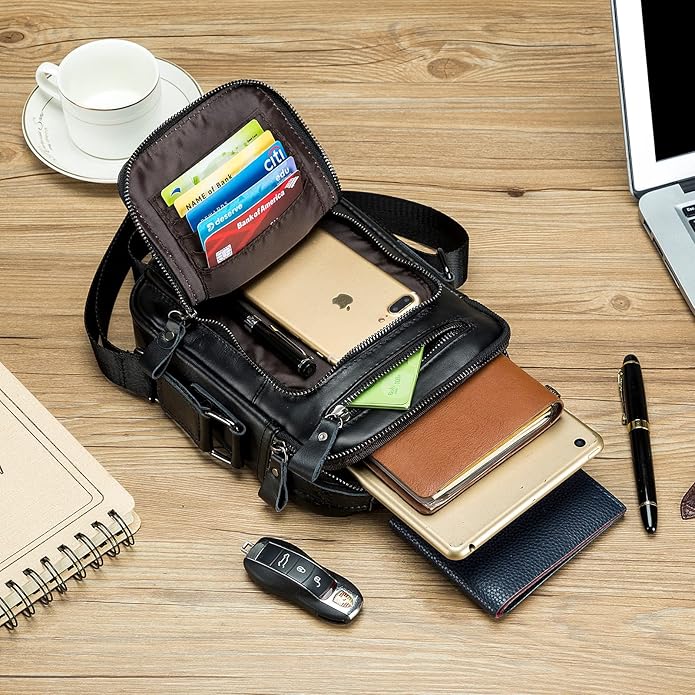 BAIGIO Genuine Leather Small Messenger Bag for Men Shoulder Bag for Ipad Crossbody Bag Men Handbag Satchel Travel Business