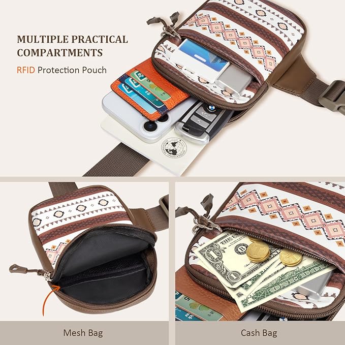 Mini Crossbody Sling Bag, PU Leather Chest Bag with Native American/Indigenous Patterns, Dual Pocket Water Resistant Fanny Pack, Running Phone Holder for Men Women Workout Travelling (Aztec Boho)