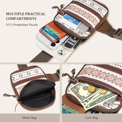 Mini Crossbody Sling Bag, PU Leather Chest Bag with Native American/Indigenous Patterns, Dual Pocket Water Resistant Fanny Pack, Running Phone Holder for Men Women Workout Travelling (Aztec Boho)
