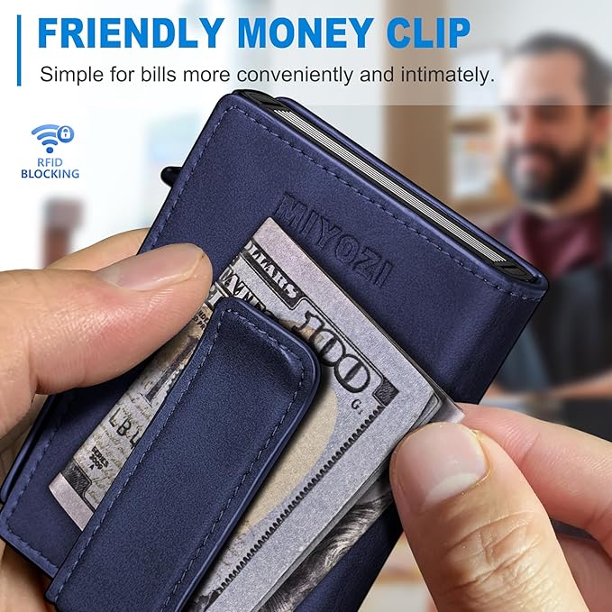 miyozi Wallet for Men, Magnetic Minimalist Slim Wallet with Pop Up Card Holder, 9 Cards RFID Blocking Metal Credit Card Case, Leather Wrapped Money Clip, ID Window & Small Item Slot, Gift Boxed