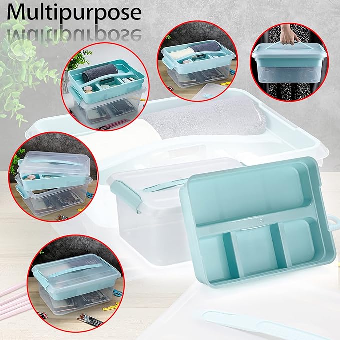 BTSKY Stack & Carry Box, Clear Plastic Storage Container Stackable Home Utility Box with Removable Tray Multi-Purpose Storage Bin for Organizing Stationery, Sewing, Art Craft Supplies(Blue)