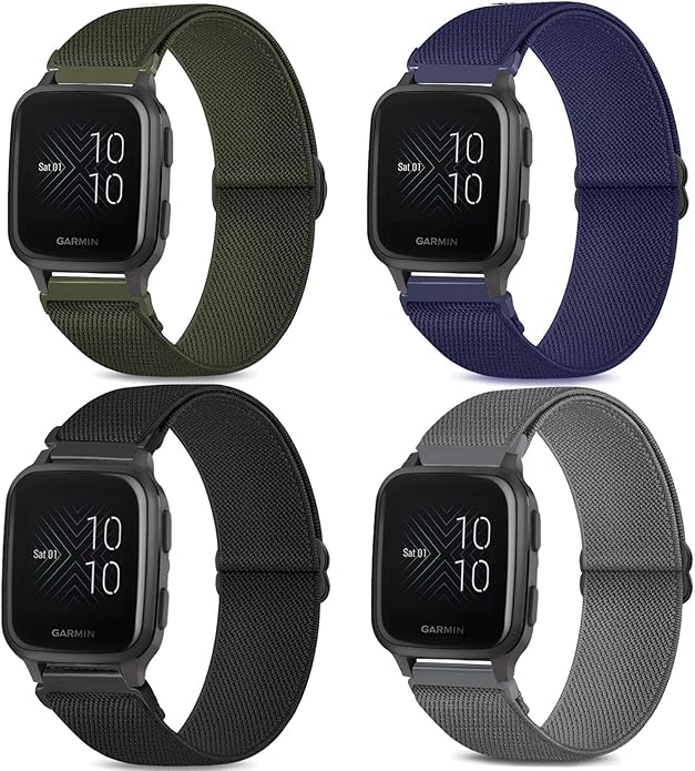 4 Pack Stretchy Watch Bands Compatible with 20mm Garmin Venu Sq/Venu Sq 2, Loop Nylon Elastic Fabric Strap for Garmin Vivomove Style/Luxe/HR Women Men