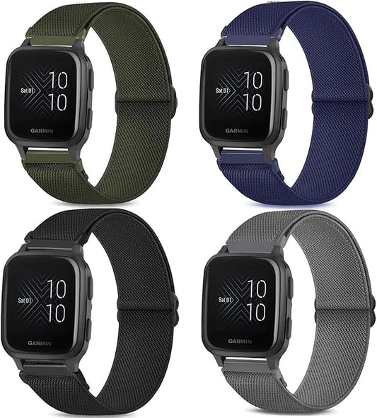 4 Pack Stretchy Watch Bands Compatible with 20mm Garmin Venu Sq/Venu Sq 2, Loop Nylon Elastic Fabric Strap for Garmin Vivomove Style/Luxe/HR Women Men