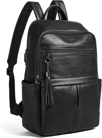 Leather Laptop Backpack for Women, 15.6" Causal Daypack Backpacks Purse Computer Backpack with Laptop Compartment for Travel Work College Business, Black