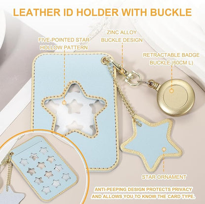 PATIKIL Retractable Badge Holders, Cute Leather ID Holder with Badge Reels Keychain ID Card Clip Protector Cover for Women Work Office Business Trip, Light Blue