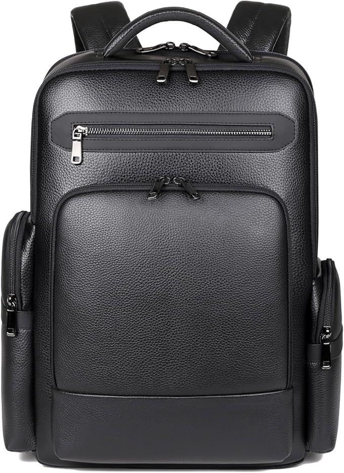 Genuine Leather Backpack for Men Business Black 15.6” Laptop with USB Charging Port Office Executive Mochila for Work Travel