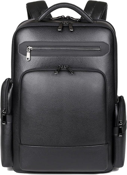 Genuine Leather Backpack for Men Business Black 15.6” Laptop with USB Charging Port Office Executive Mochila for Work Travel