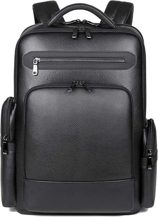 Genuine Leather Backpack for Men Business Black 15.6” Laptop with USB Charging Port Office Executive Mochila for Work Travel