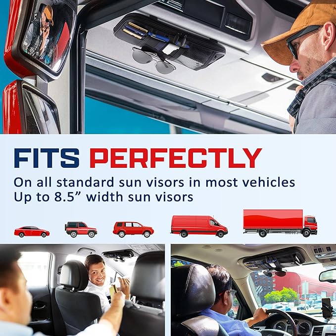 Car Sun Visor Organizer – Car, SUV, Truck Interior Accessories - Magnetic Glasses Holder & Full Length Horizontal Pockets, Allows Safe Driving - 12.2 X 6.1 in, Black
