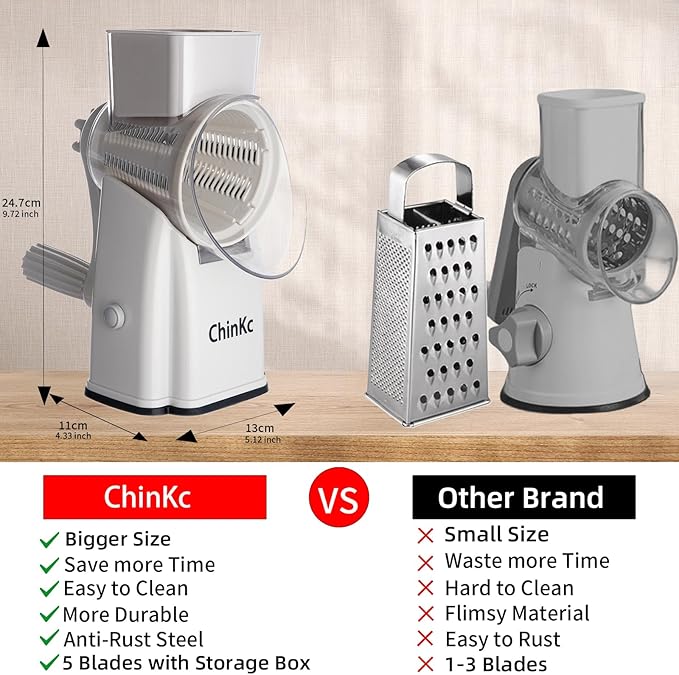 Upgrade Rotary Cheese Grater Shredder with Handle, Strong Suction Base, Multi-purpose Rotary Grater Slicer with 5 Interchangeable Blades for Ice, Vegetables, Fruit, Nuts with Blade Storage Box