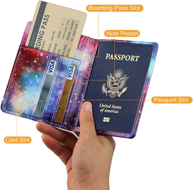 Passport Holder Cover Case PU Leather RFID Blocking Card Pockets Holder Cute Luggage Magnetic Wallet Case for Women Men, Colorful Galaxy