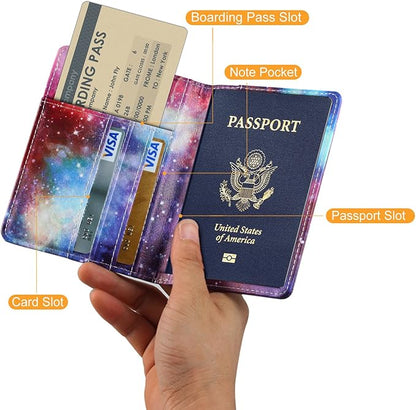 Passport Holder Cover Case PU Leather RFID Blocking Card Pockets Holder Cute Luggage Magnetic Wallet Case for Women Men, Colorful Galaxy