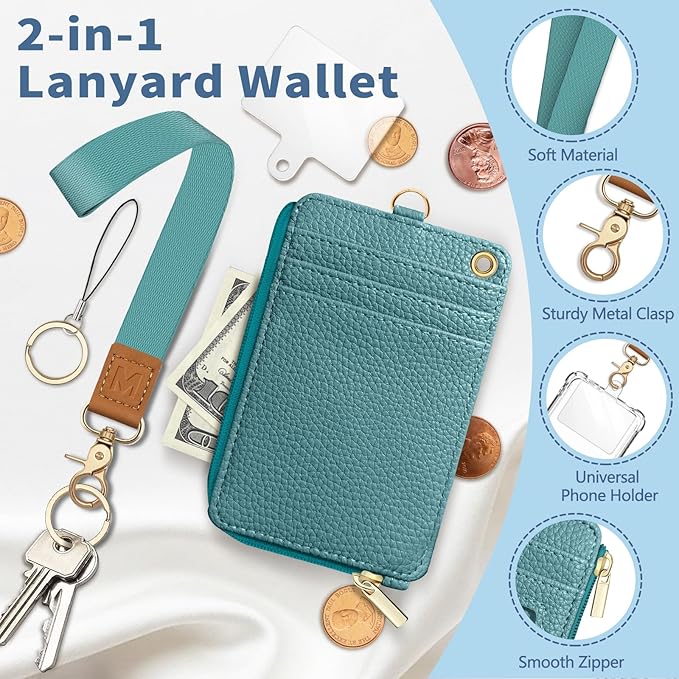 Lanyard Wallet with Id Badge Holder, Blue RFID Small Keychain Wallet Women Wristlet, Minimalist Zipper Credit Card Holder Phone Wrist Neck Strap for Key Name Tag, Teacher Student Office Gift