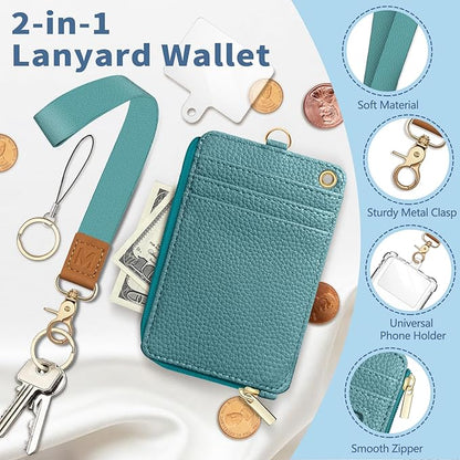 Lanyard Wallet with Id Badge Holder, Blue RFID Small Keychain Wallet Women Wristlet, Minimalist Zipper Credit Card Holder Phone Wrist Neck Strap for Key Name Tag, Teacher Student Office Gift