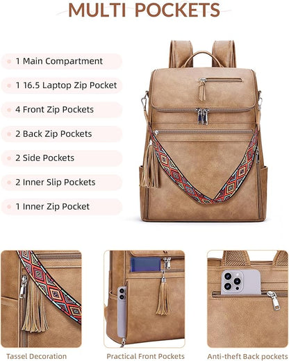 SYTRAH Leather Laptop Backpack for Women Designer Laptop Bag, 16.5 inch Travel Computer Backpacks Purse with Tassel for Work Business with Satchel Purse Camel Brown