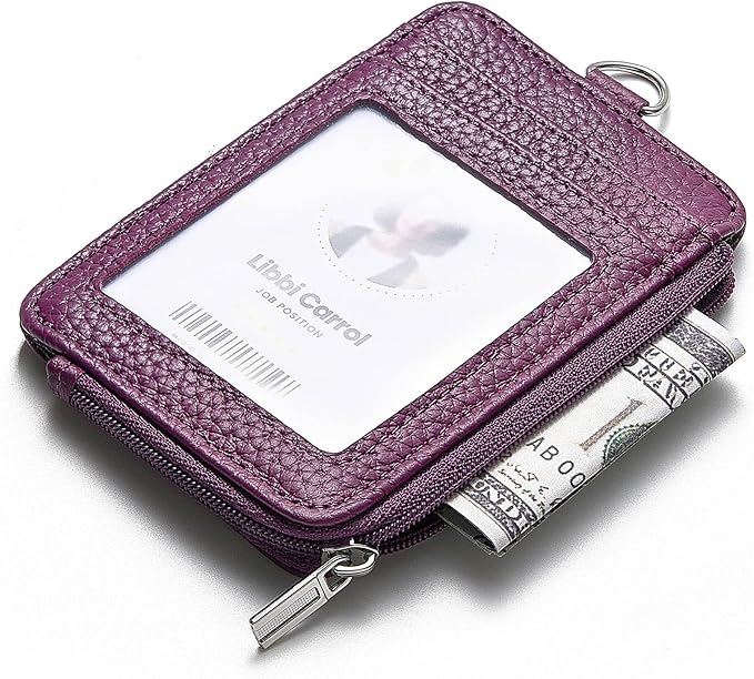Badge Holder – Genuine Leather ID Badge Holder with Zipper Pocket and Nylon Lanyard – Perfect for Badges, Cards, and More