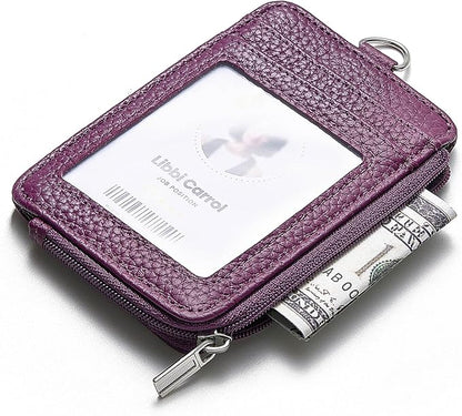 Badge Holder – Genuine Leather ID Badge Holder with Zipper Pocket and Nylon Lanyard – Perfect for Badges, Cards, and More