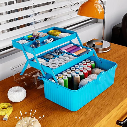 Yieach 13.3in 3-Layer Multipurpose Craft Storage and Sewing Box,Plastic Folding Box for Medication/First aid/Medicine/Craft/Ivf Medication Organizer and Art Supplies Storage,Blue