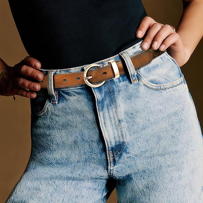 SANSTHS Womens Genuine Leather Belts for Jeans Pants Trendy Vintage Thin Leather Belt Gold Buckle Ladies Skinny Waist Belt