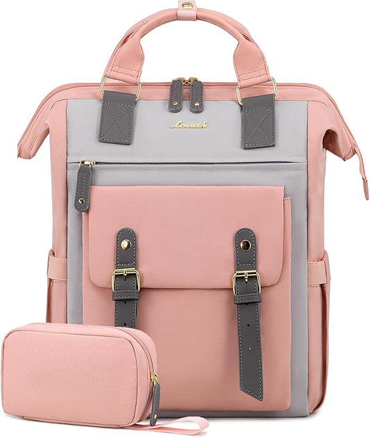 LOVEVOOK Laptop Backpack for Women, Teacher Nurse Bag Work Travel Computer Backpacks Purse,Water Resistant Daypack,Pink Grey 15.6in