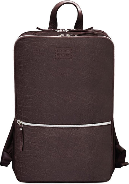 LEATHER VILLAGE Leather Laptop Backpack for Men | Chocolate Brown | Slim Professional Business Bag Fits 15.6”-Laptop | Water-Repellent Work & Travel Daypack with Trolley Strap