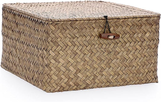 Hipiwe Wicker Shelf Baskets Bin with Lid Handwoven Seagrass Storage Basket Container Square Multipurpose Household Basket Boxes for Shelves and Home Organizer, Coffee Medium