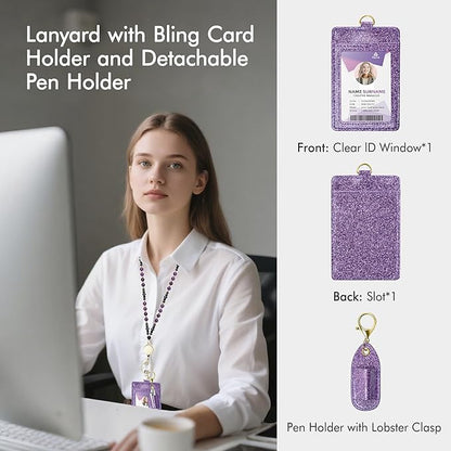 Azrra Lanyards for ID Badges and Keys, Natural Stone Beaded Teacher Lanyard with Bling ID Badge Holder and Pen Holder, Cute Retractable Badge Lanyard for Women (Purple)