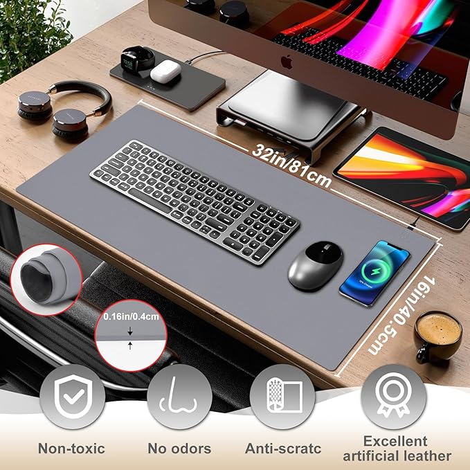 Desk Mat with Wireless Charging, Grey Mouse Pad with Wireless Charger, Desk Pad Matt for Desktop, Mousepad Gaming Large Mouse Pad, Leather Compute for Keyboard and Mouse, 32" x 16"