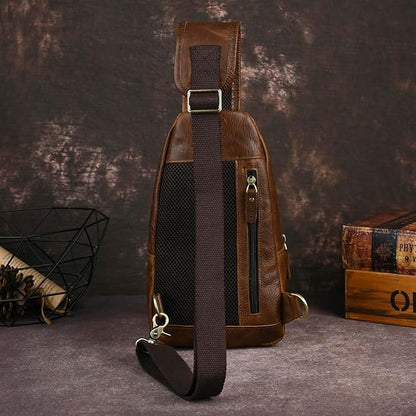 Thick Crazy horse Leather Triangle Crossbody Sling Chest Bag Travel One Shoulder Bag Daypack For Men Male 3028