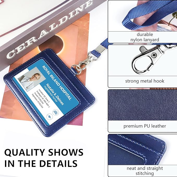 Teskyer Badge Holder with Lanyard, Leather ID Name Badge Card Holder with Lanyard for ID Badges, Horizontal Blue