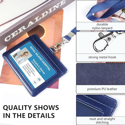 Teskyer Badge Holder with Lanyard, Leather ID Name Badge Card Holder with Lanyard for ID Badges, Horizontal Blue